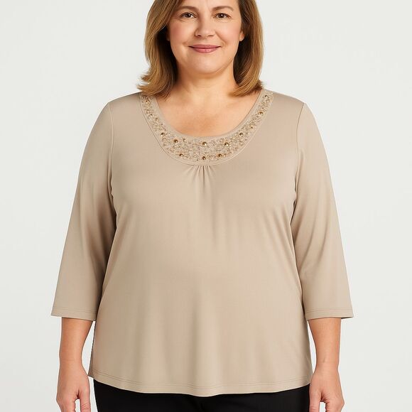 Susan Graver 1X Beige Embellished Scoop Neck 3/4 Sleeve Top Beaded Dressy Blouse - Picture 1 of 6